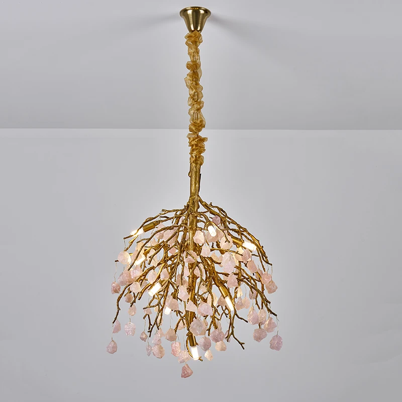 Designer Crystal Stone Branch Chandelier Brass Tree Pendant Light Luxury Lamp for Living Room Dining Room Bedroom