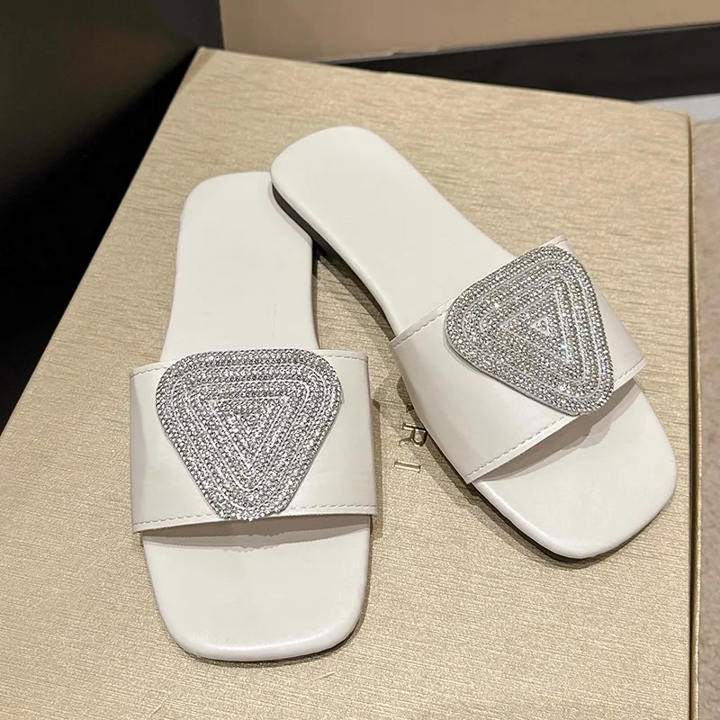 

Women's Rhinestone Flat Slides, Trendy Square Open Toe Non Slip Shoes, Versatile Outdoor Slides