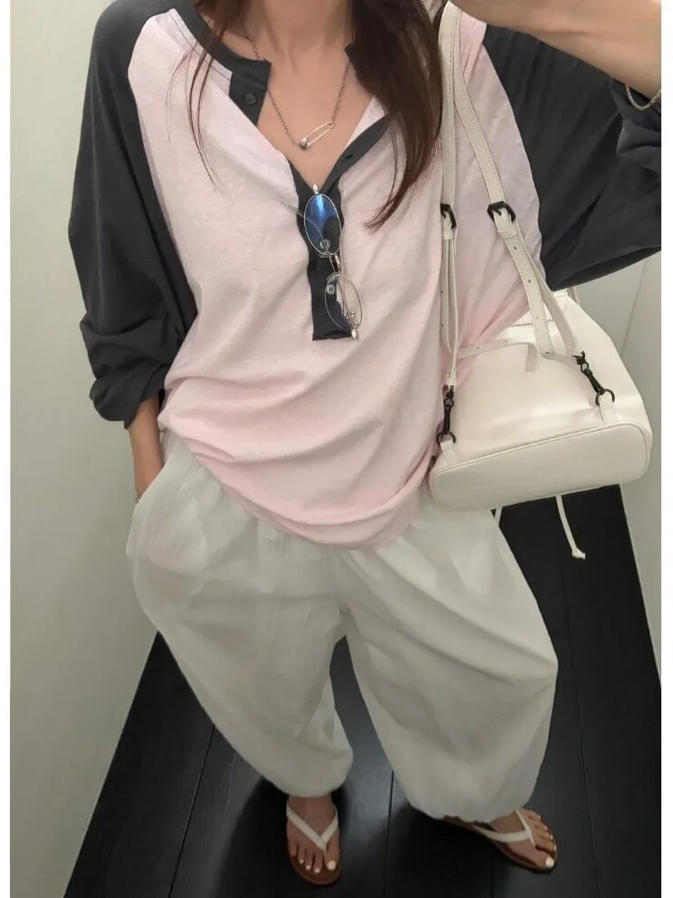 Fashionable Knitted Long Sleeve T-Shirt Women's Chic Autumn Color Block Design Anti-Aging Korean Style Casual Wear for Variou...