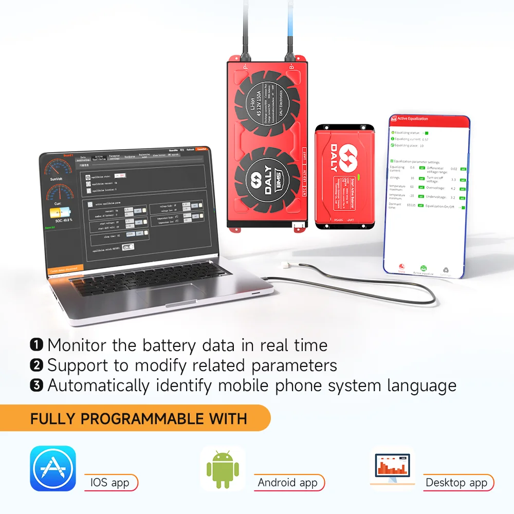 دالي سمارت BMS اكتيف موازن ، تطبيق بلوتوث ، LiFePO4 4s ، 12 فولت ، 8 ثانية ، 24 فولت ، 16 ثانية ، 48 فولت ، 100A ، 150A ، 250A