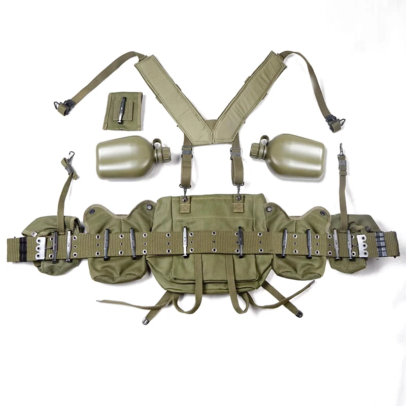 WWII Tactical Belt Set with M1956H Suspenders 1961 Shoulder Bag M14 Magazine Pouch Belt First Aid Kit Canvas Water Bottle Holder