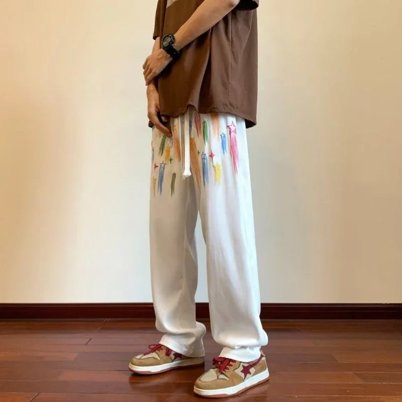 

Trousers Drawstring White Sweatpants for Men Print Wide Leg Fashion Essential Harajuku Autumn Winter Retro Cool Man Sports Pants