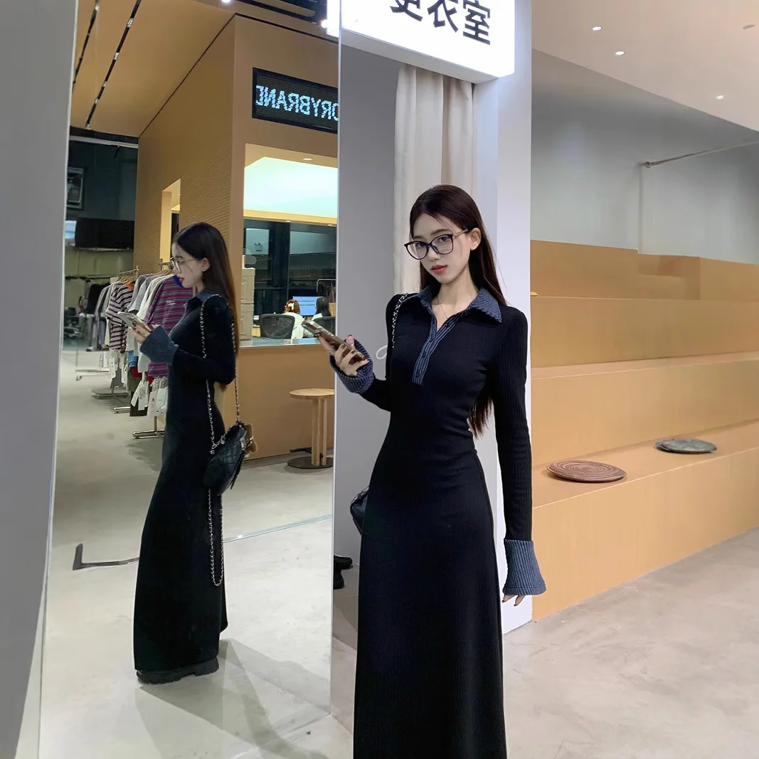 المرأة السوداء طويلة الأكمام قميص طوق فستان 2026 الخريف الشتاء الخصر Cinched سليم صالح تكدرت هيم أنيقة الأعمال فستان كاجوال