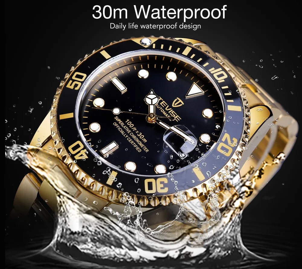 Tevise Top Brand Luxury Golden Calendar Waterproof Full Stainless Steel Men Automatic Mechanical Business Luminous Date Watches