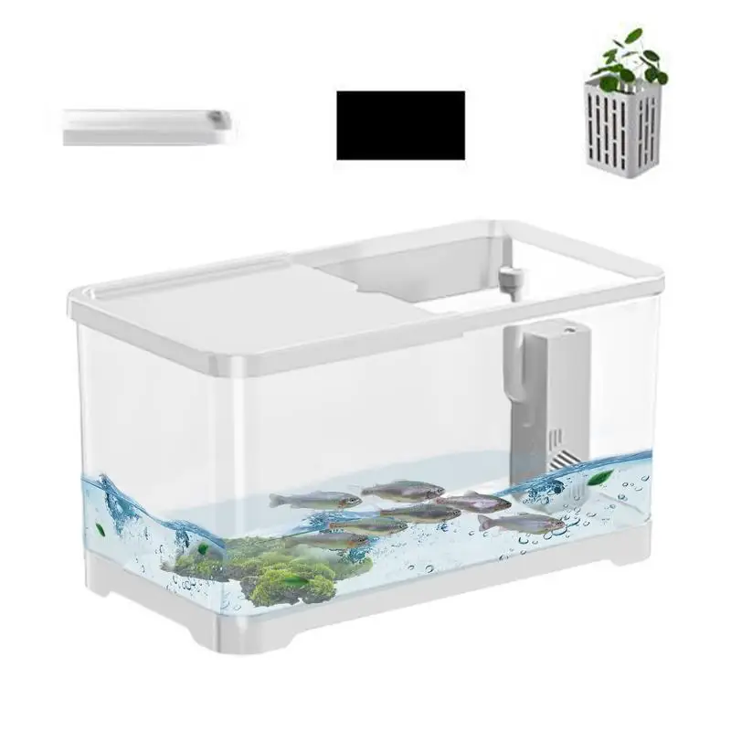 Fish Tank Kit Aquarium Betta Fish Bowl Transparent Rectangular Aquarium with cylinder,cover,basket,electrostatic sticker