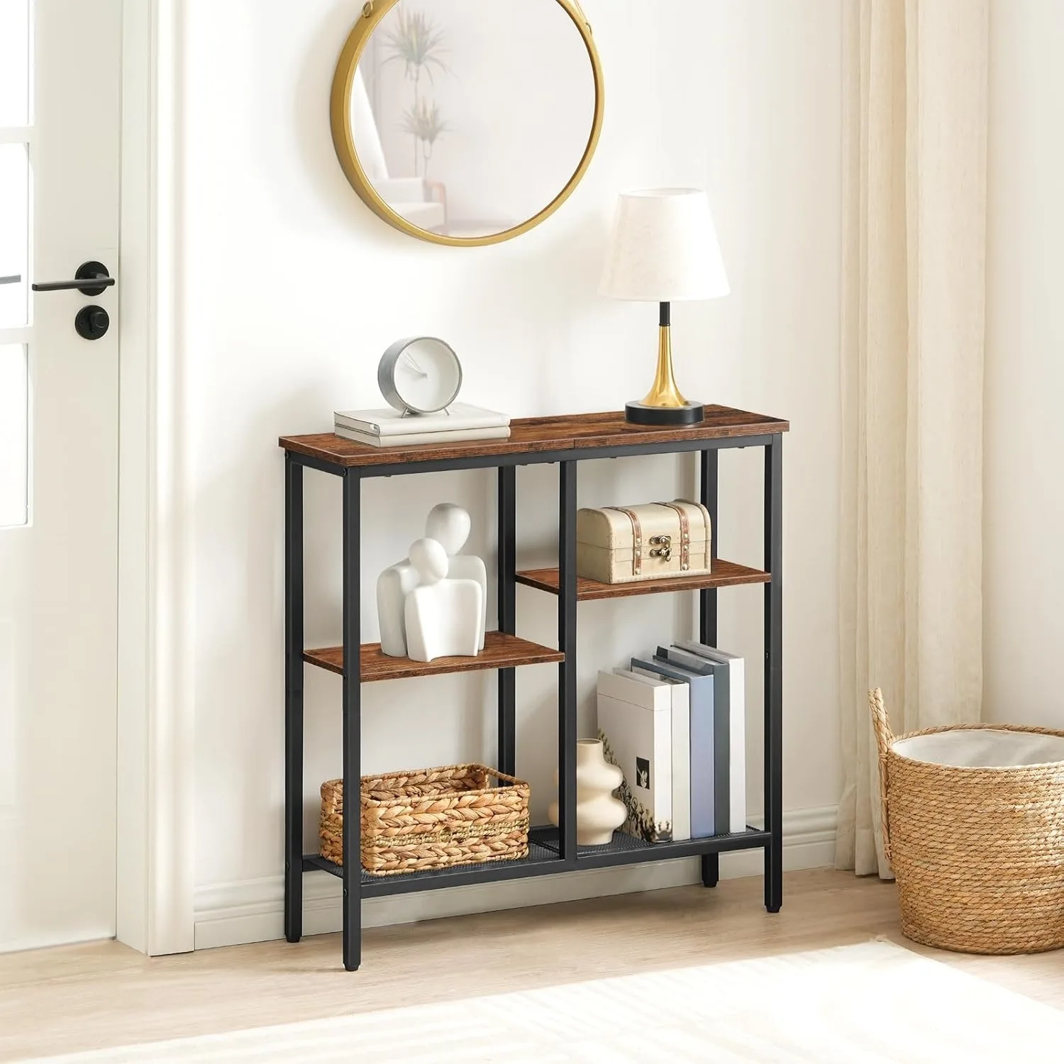 New retro wrought iron multi-layer entrance narrow side table, living room sofa rear shelf, long strip against the wall light