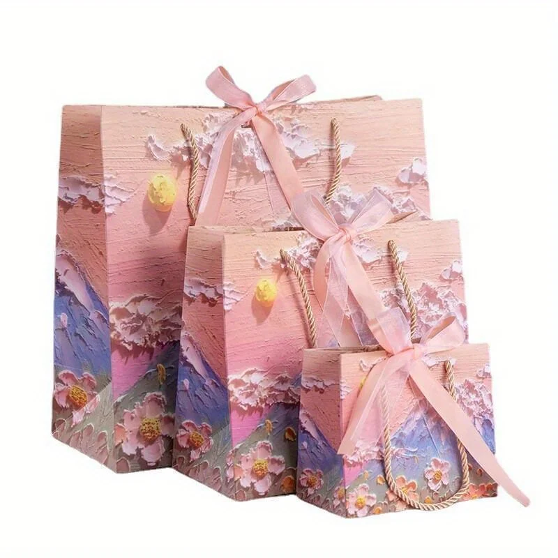 3pcs, Large Gift Bags, Gift Bag With Ribbon, Portable Paper Gift Bag With Handles, Birthday Gift Bags, Present Bags For Wedding 