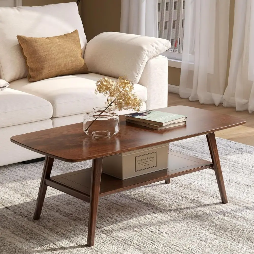 100% Solid Oak Wood Coee Table with Storage Shel, 2-Tier RecCoee Table or Living Room, ern Center Table or Living Room (Walnut C
