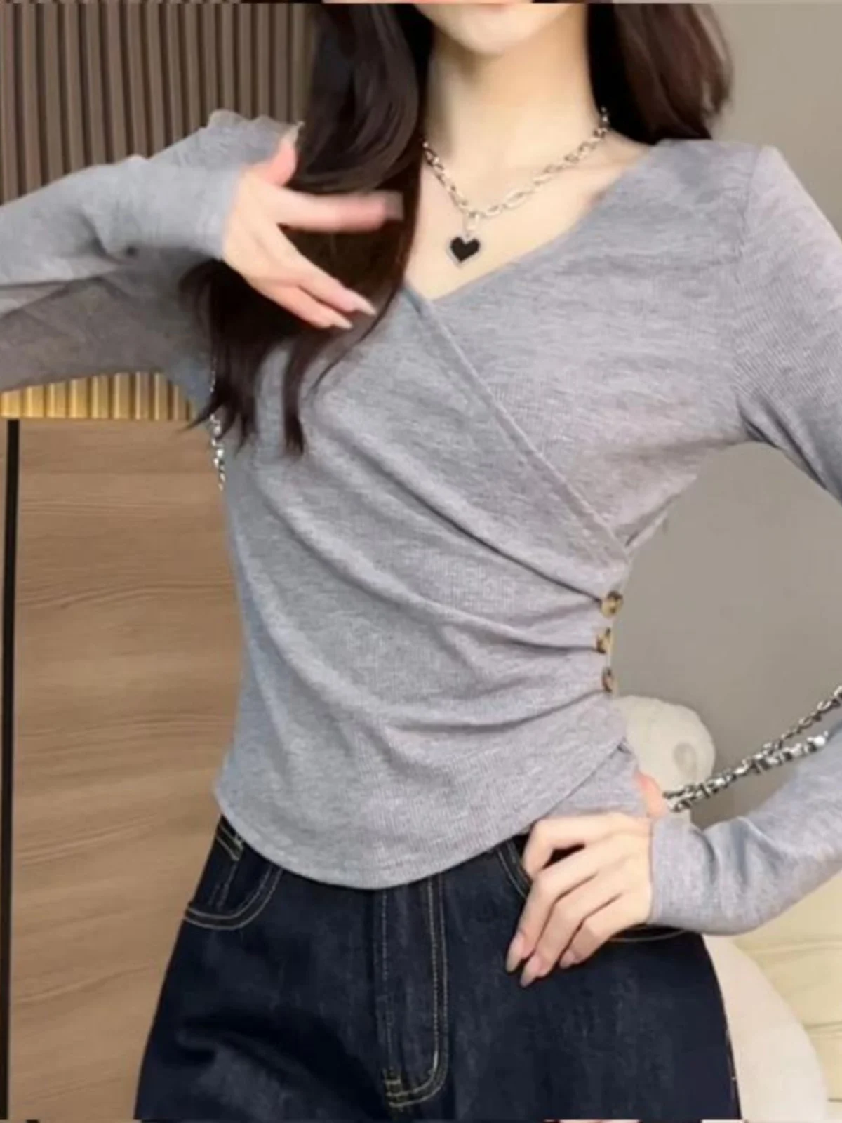 T-shirt a maniche lunghe da donna Top in cotone vintage gotico Slim Fit Lace Trim Patchwork Orlo arricciato Autunno Street Fashion Scuro