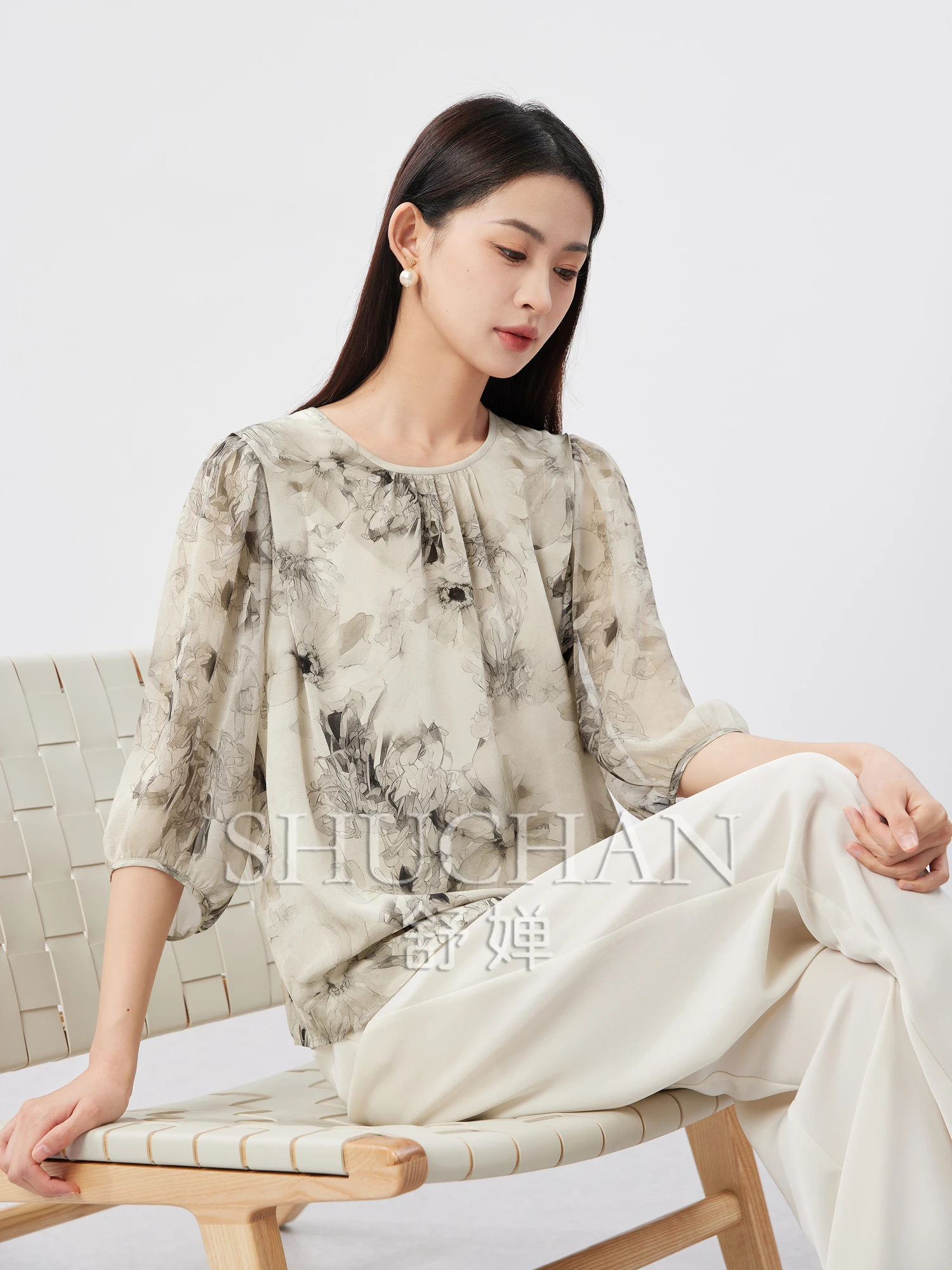 

Summer New Chinese Natural Silk Flower Print Seven-quarter Sleeve Shirt Women Blouses for Women Fashion 2024