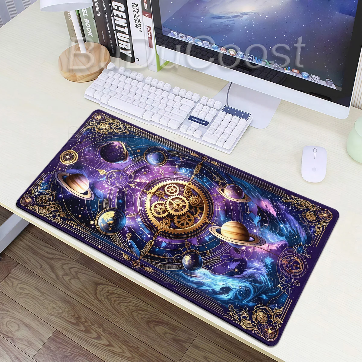 Oversized Charming Purple Card Moon and Stars Gaming Mouse Pads, Anti-slip Durable Table Pad, Suitable for Gamers and Office Use