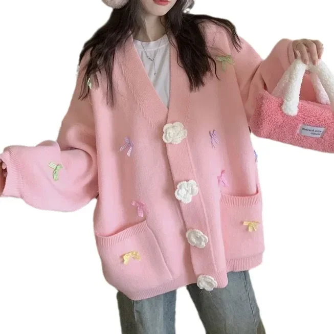 Gaganight Women Candy Colored Bow V neck Three dimensional Flower Coat Women New Korean Gentle Style Knitted Cardigan Sweet