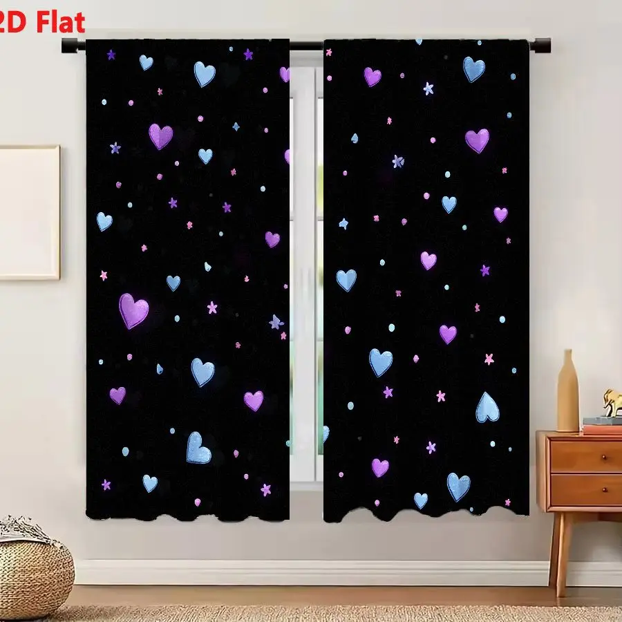2Pcs Curtains 2D Flat Glowing Purple And Light Blue Hearts Stars Pattern On Black Background Window Drapes for Bedroom Room Deco