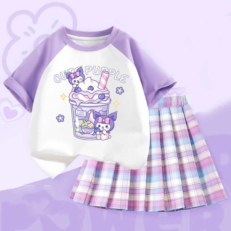

2Pcs Kuromi Children's Jk Set Summer Girls 3 To 15 Years Old Short Sleeve Pleated Skirt Academy Style T-Shirt Short Skirt Gift
