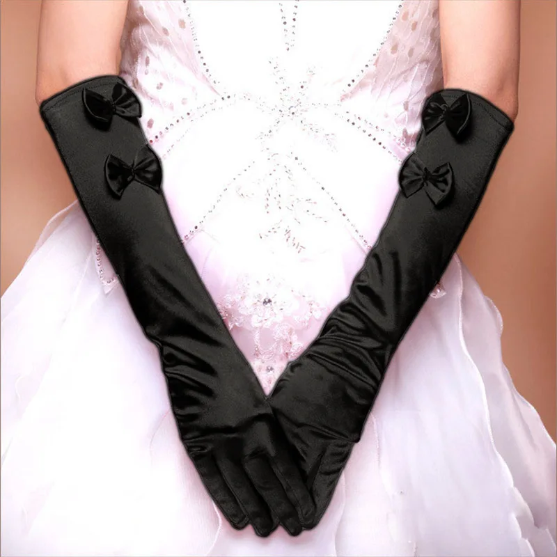 Bridal Gloves Finger Double Bow Beaded Mid Length Satin Satin Wedding Dress Red White Beige Black Sleeves wedding gloves