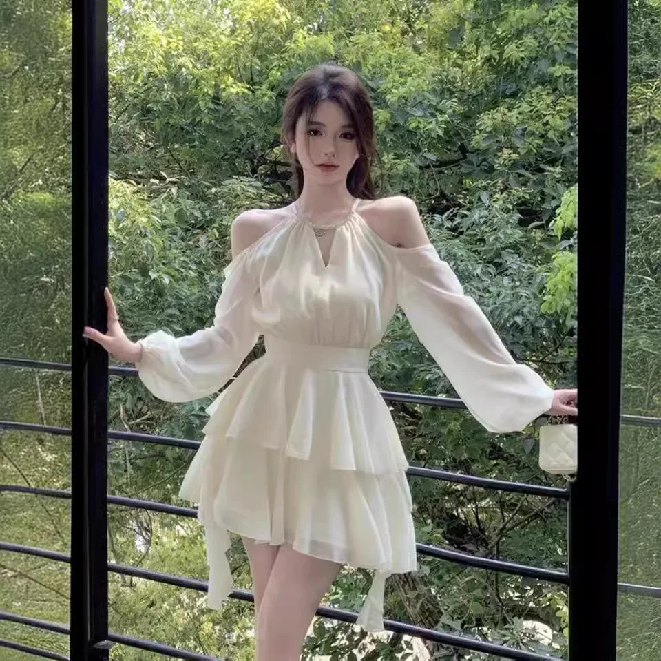 

Shoulder Hanging Neck Ruffled Waist Cinched Dress For Women's Summer New Style Dress