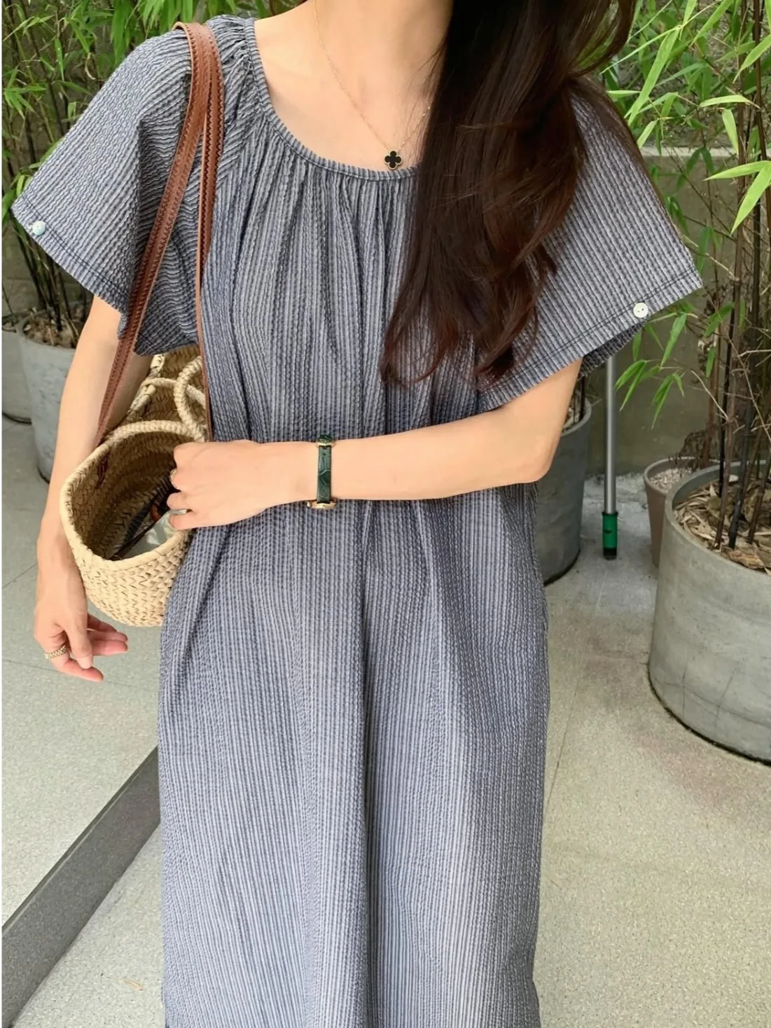 Retro Lazy Sle Pleated Stripe ort Sve Dr Women's Summer New Double ket Long Skirt Commute Polyester Fiber Dr