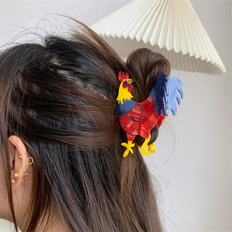 

DuoShang Cute Cartoon Spliced Rooster Hair Claw Acetate Claw Clips Animal Rooster Crab Hair Clips for Women Hair Accessories