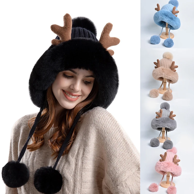 

New Trendy Cute Ears Plush Winter Hats Women Beanies Deer Antler Fur Pompom Knit Bonnet Fluffy Winter Keep Warm Cap Bomber Hats