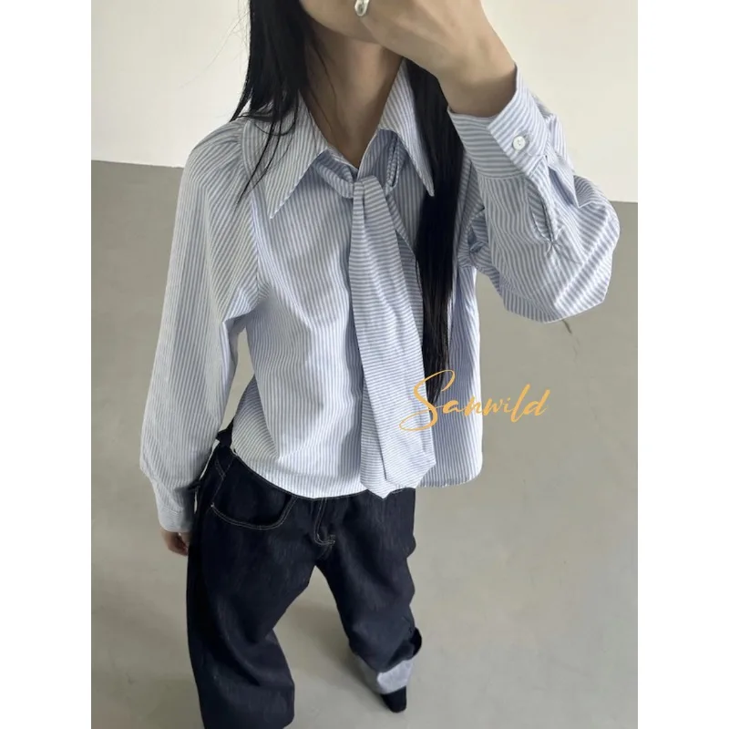 

Свободная полосатая рубашка с длинными рукавами и воротником-поло на шнуровке, женская осень 2022, новые корейские однобортные универсальные повседневные топы