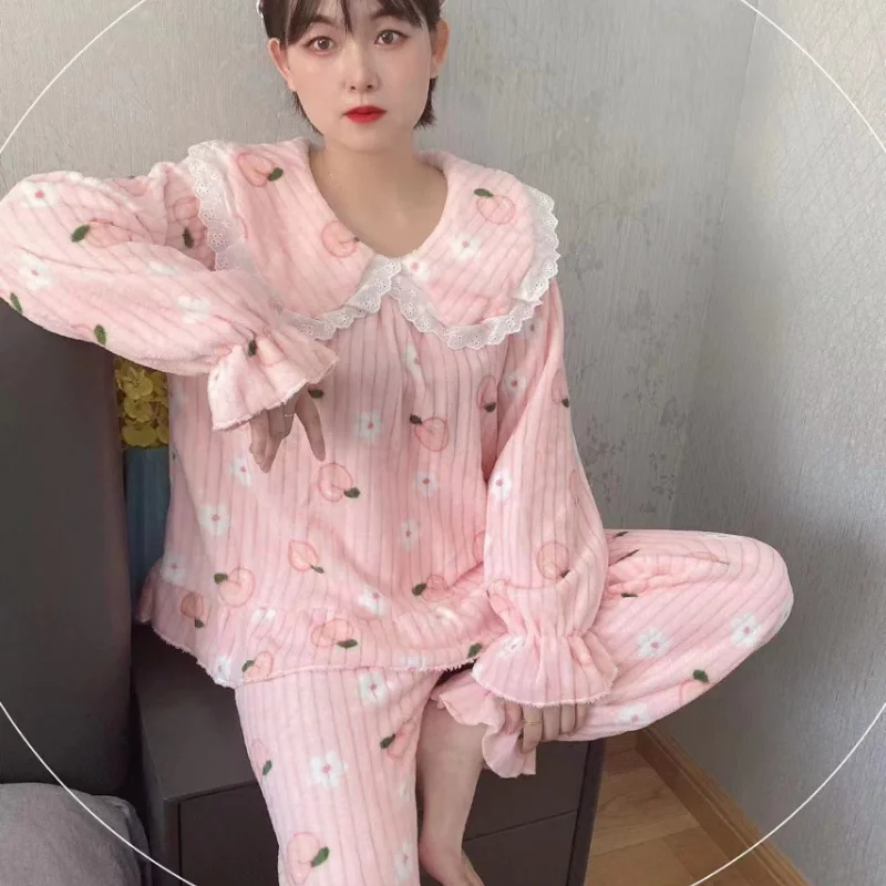 Bonito pijamas terno feminino outono inverno roupas femininas confortáveis pijamas coral velo engrossar doce pijama homewear