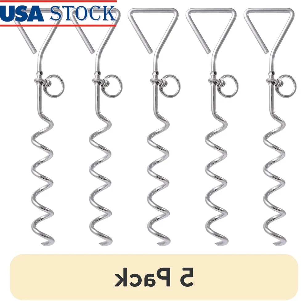 

5 Pack Spiral Tie Out Stake Dogs Zinc Plated 16 Inch Durable Metal Tethering Stake with Swiveling Ring and Triangular Handle