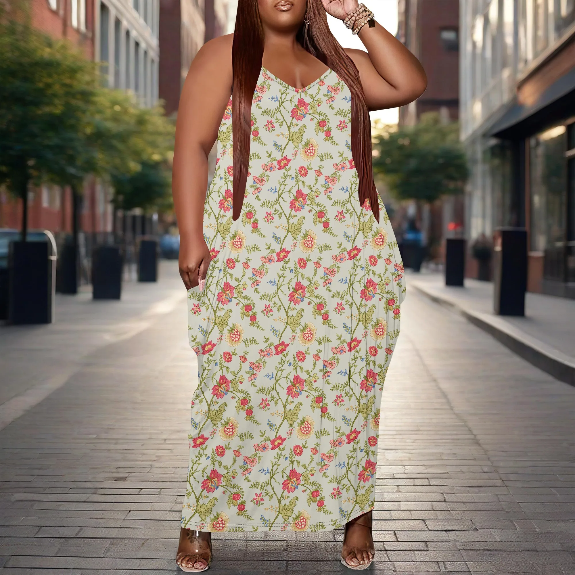 Robe longue grande taille pour femmes, imprimé Floral, bretelles amples, avec poche, respirante, Y2K XL-6XL