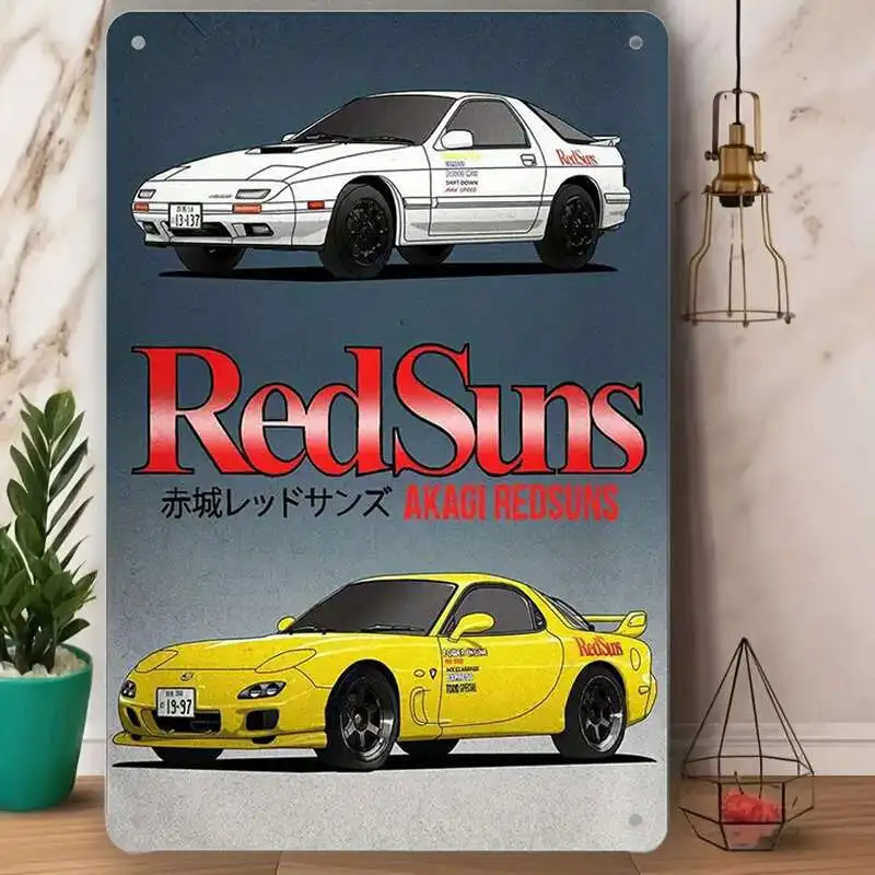 , Vintage Red Suns Metal Sign  - Retro Japanese Sports Car Wall Art with AKAGI REDSUNS Text, Durable Iron Garage Decor for Indoo