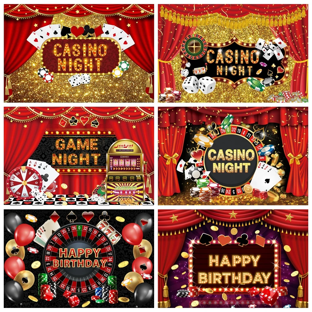 

Las Vegas Casino Night Photography Backdrop Golden Glitter Playing Card Roulette Red Curtain Happy Birthday Photo Background