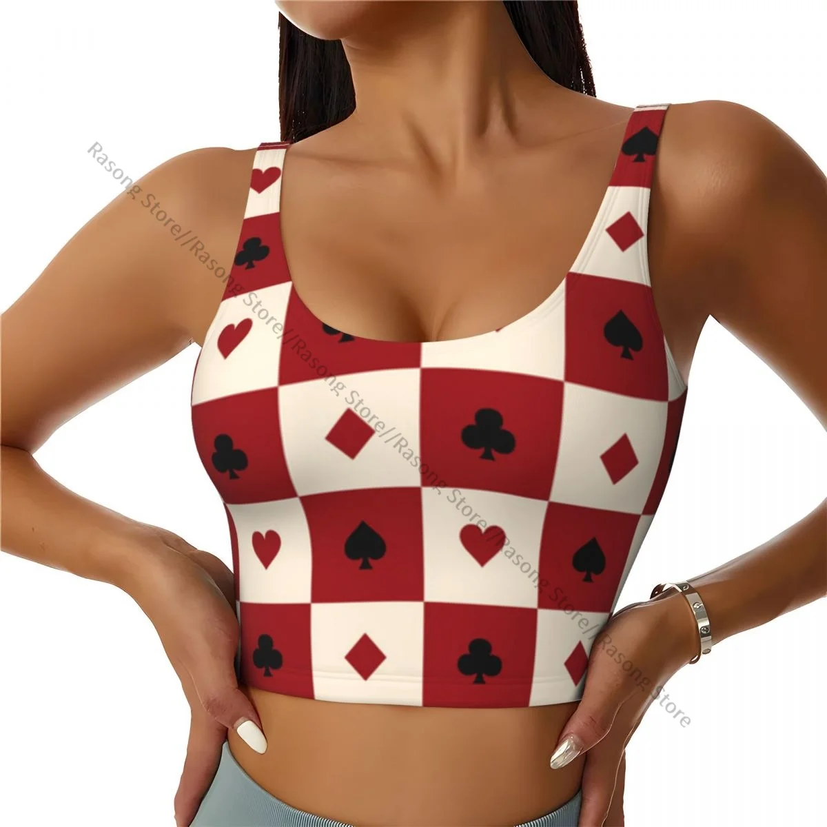 Yoga Vest Women Gym Sports Crop Tops Card Suits Chess Board Illustration Streetwear Workout Breathable Tank Top Female
