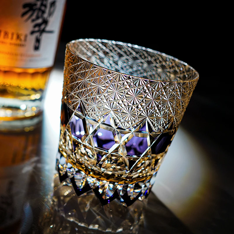 

JINYOUJIA-Edo Kiriko Whisky Cup, Hand Cut Violet Fluorite Pattern, Collection Level, Handmade Crystal Glass Cups