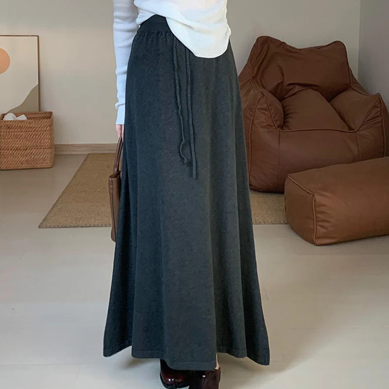 All Match Lace Up Skirts for Women Autumn Winter 2025 Comfort Warm Long Knitted Skirts Woman Loose Solid Color Skirt Female