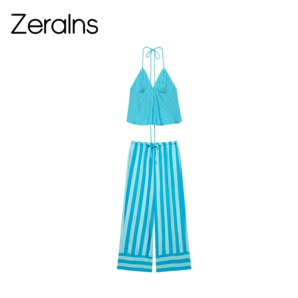 ZERAINS Neues Damen-Set mit rückenfreiem, gestreiftem Camisole-Top mit V-Ausschnitt und weit geschnittener Hose mit mittelhoher Taille, Schnürung und Taschen.