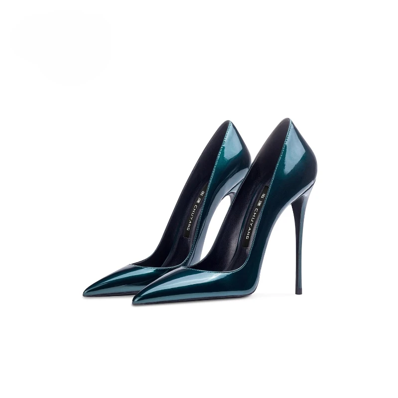 

Женские туфли на высоком каблуке, темно-зеленые туфли из лакированной кожи с острым носком и неглубоким носком, универсальные женские туфли на одном каблуке