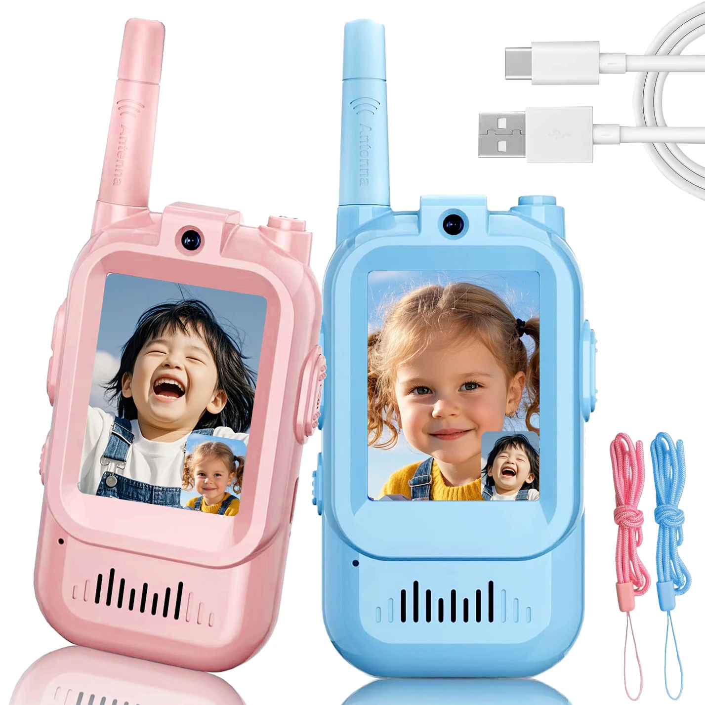 أجهزة اتصال لاسلكية فيديو للأطفال مع شاشة عالية الدقة محمولة قابلة لإعادة الشحن فيديو للأطفال 2 حزمة جهاز اتصال لاسلكي كرتوني بنقرة واحدة للمكالمات