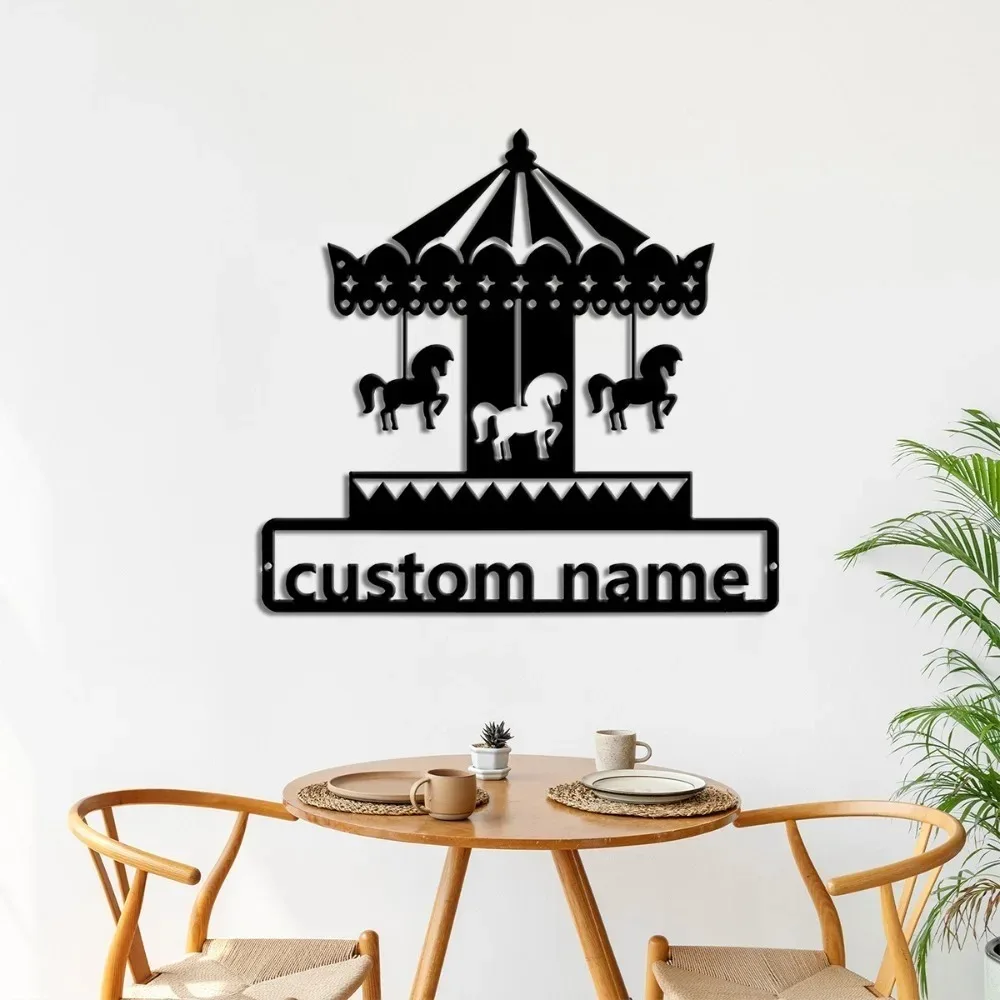 2D Flat Custom Carousel Metal Sign Personalized Amusement Park Wall Art Home Door Decor Kids Birthday Gift
