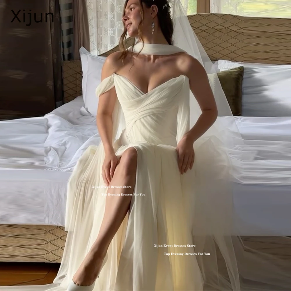 

Xijun Ivory Chiffon A-Line Wedding Dresses Sweetheart Off The Shoulder Bridal Gowns Scarf Split Elegant Prom Dresses Customized