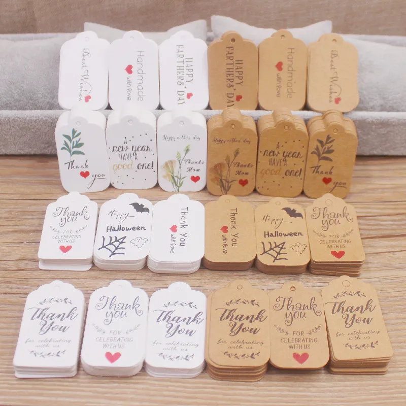 100 szt. 3x5 cm brązowe/białe etykiety prezentowe z papieru pakowego, z liną 20 m, na ślub, baby shower, etykiety świąteczne, dekoracje na imprezę