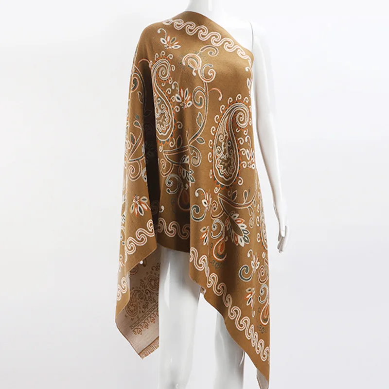 

Khaki Cashmere Blend Mujer Bufanda Embroider Flower Shawl Wraps Poncho Cape Thick Warm Scarf Echarpes Embroider Flower Scarf