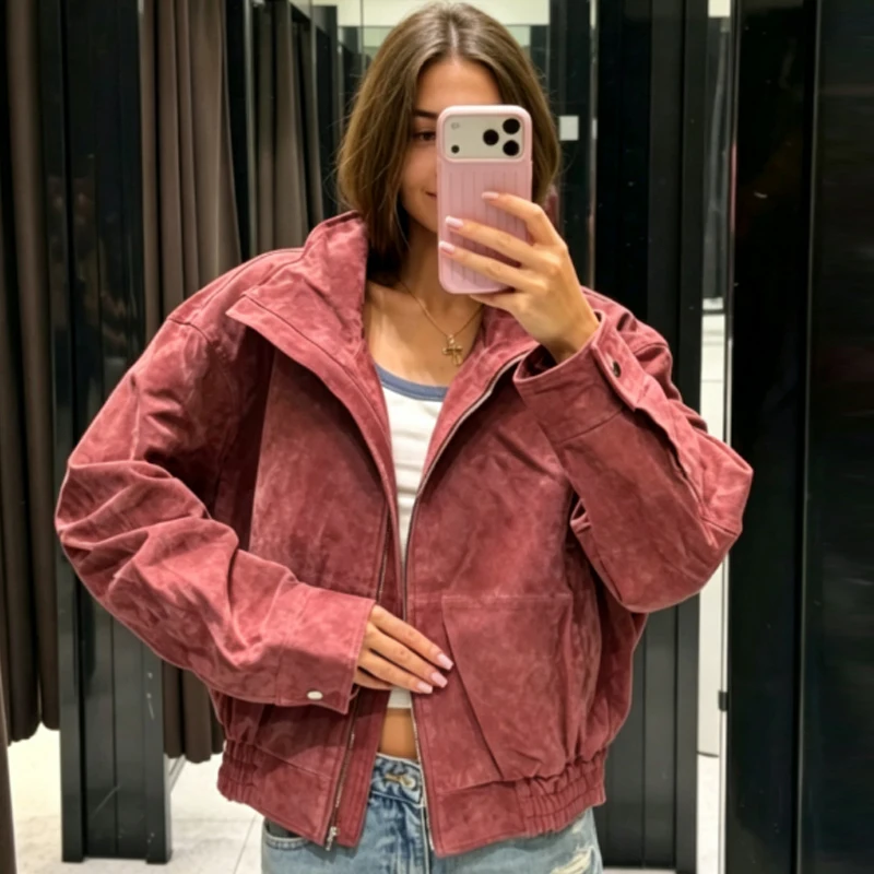 HXAO Damen-Bomberjacke aus Kunstwildleder in Burgunderrot, Herbst, lässig, Oversized, mit Reißverschluss, Stehkragen, langärmelig, schicke Oberbekleidung – Detail 7