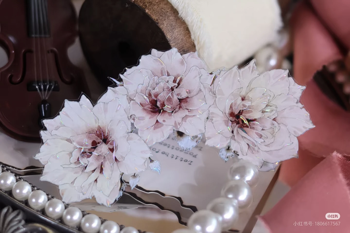 Light Pink Brown Floral Washi PET Tape Shiny