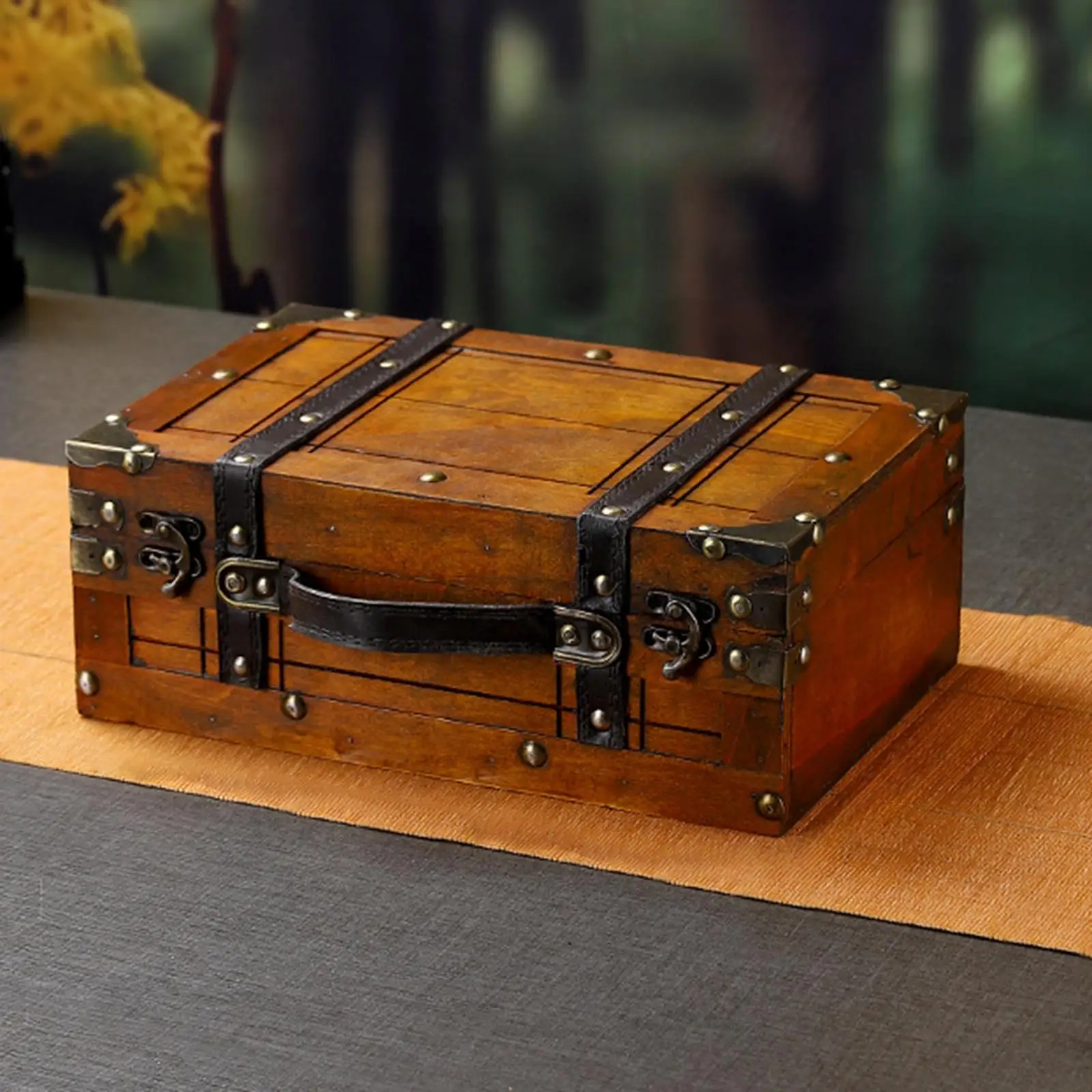 Antique Wood Suitcase Storage Box with PU Leather Handle for Office Desk Ornament Scrapbooking Embellishments Event Decor Prop