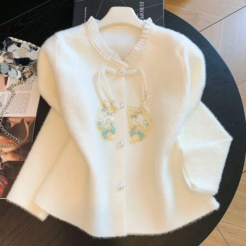 Vintage Embroidery Imitation Mink Cashmere Knitted Jacket Autumn Women White Cardigan Sweater Round Neck Long Sleeve Knitwear