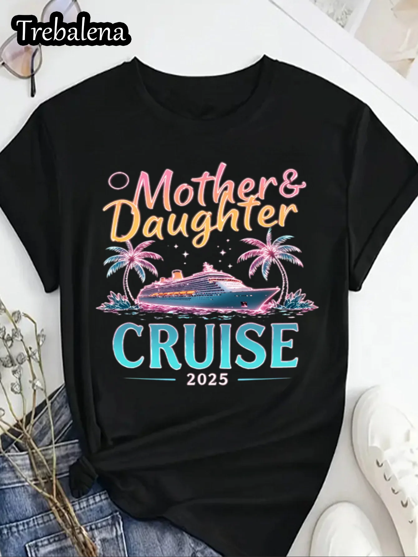تي شيرت برقبة دائرية 100% قطن MotherDaughter Cruise 2025 تي شيرت مغامرة استوائية للنساء عطلة الصيف تي شيرت للسفر على الشاطئ