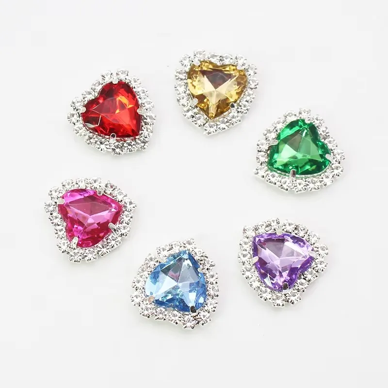 10pcs/lot 17MM Silver Metal Heart-shaped Mixed Acrylic Rhinestone DIY Buttons For Wedding Decoration Sewing Clothing Buttons