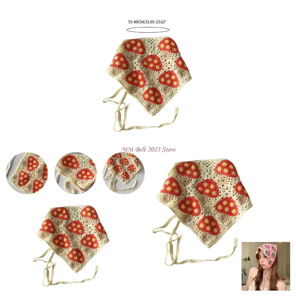 

49ME Вязаный крючком платок для волос с грибами ручной работы и треугольниками, повязка для волос, женский тюрбан