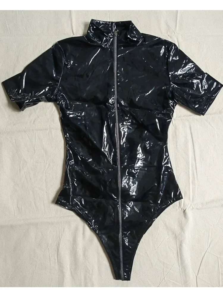Women Plus Size Wet Look PVC Catsuit Short Sleeve Shiny PU Faux Leather 3 Way Zipper Crotch Bodysuit Tight Cosplay Maid Leotard