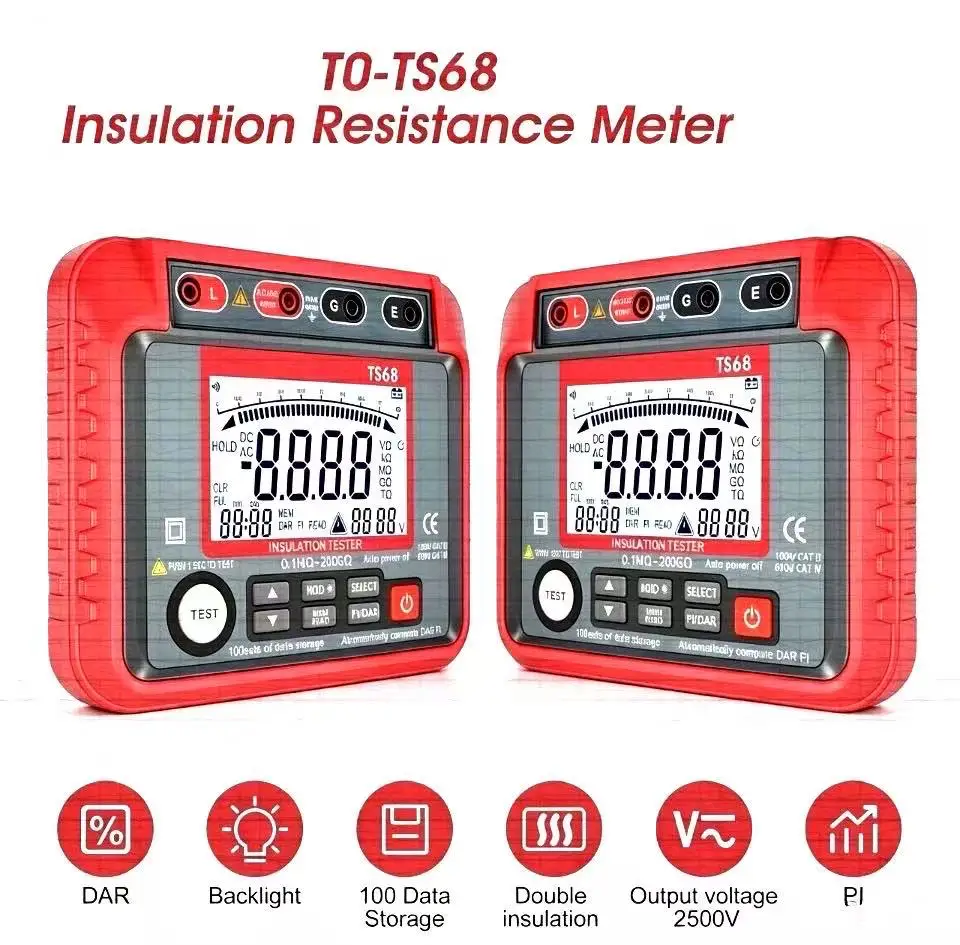 HoldPeak TS68 2500V Digital Insulation Tester Megohmmeter with 100 Data Storage Backlight PI Measurement Overvoltage Protection