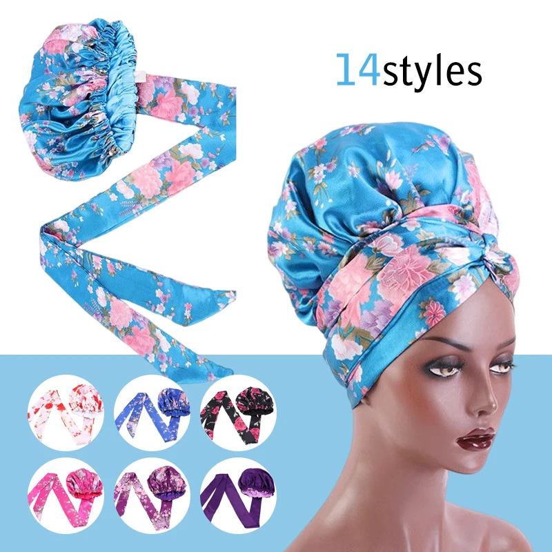 

One Size Fit All Satin Bonnet Cap Night Sleep Hat Hair Wrap Bonnets Stretchy Tie Band Adjustable Large Floral Turban Head Cover