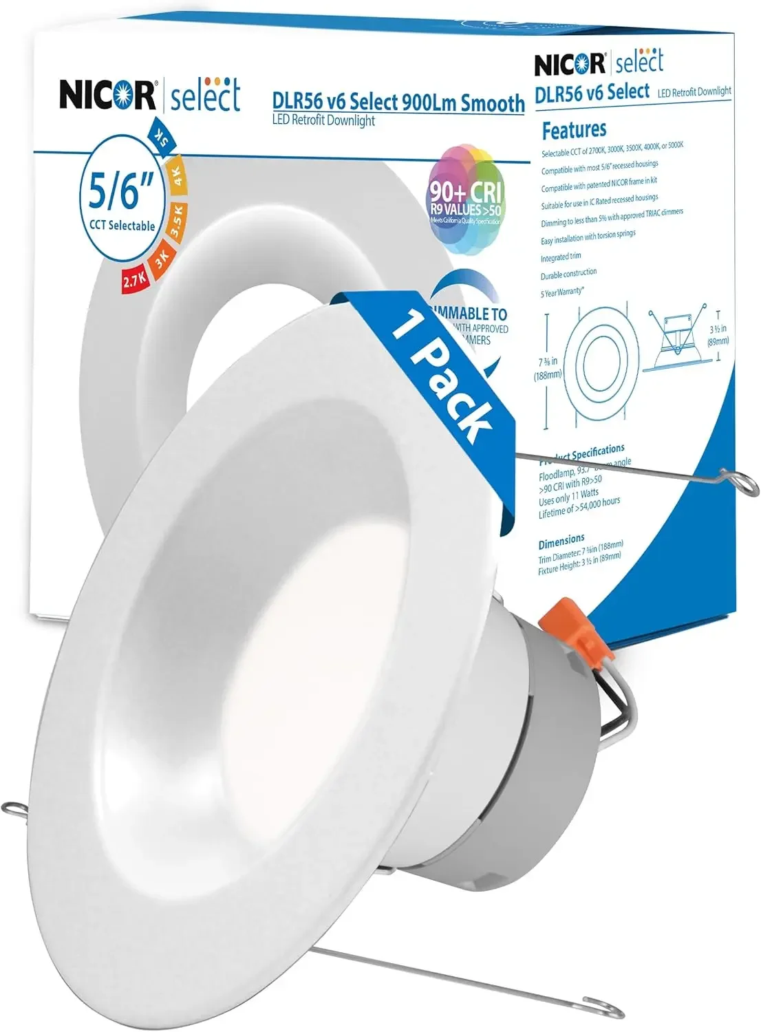 

Dimmable LED Recessed Ceiling Light 5/6 Inch, Selectable CCT 2700K-5000K, 918 Lumens, 10.3W, Retrofit, White